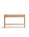The Nell Console by Wooden Stories features a minimalist Scandinavian design in light oak with stone accents, two drawers, and an open lower shelf, set against a plain white background.