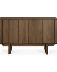 The Ethnicraft Pillar Sideboard - Teak Wild Brown features mid-century modern style with vertical paneling, clean lines, four short legs, and solid wood construction, shown against a white background.
