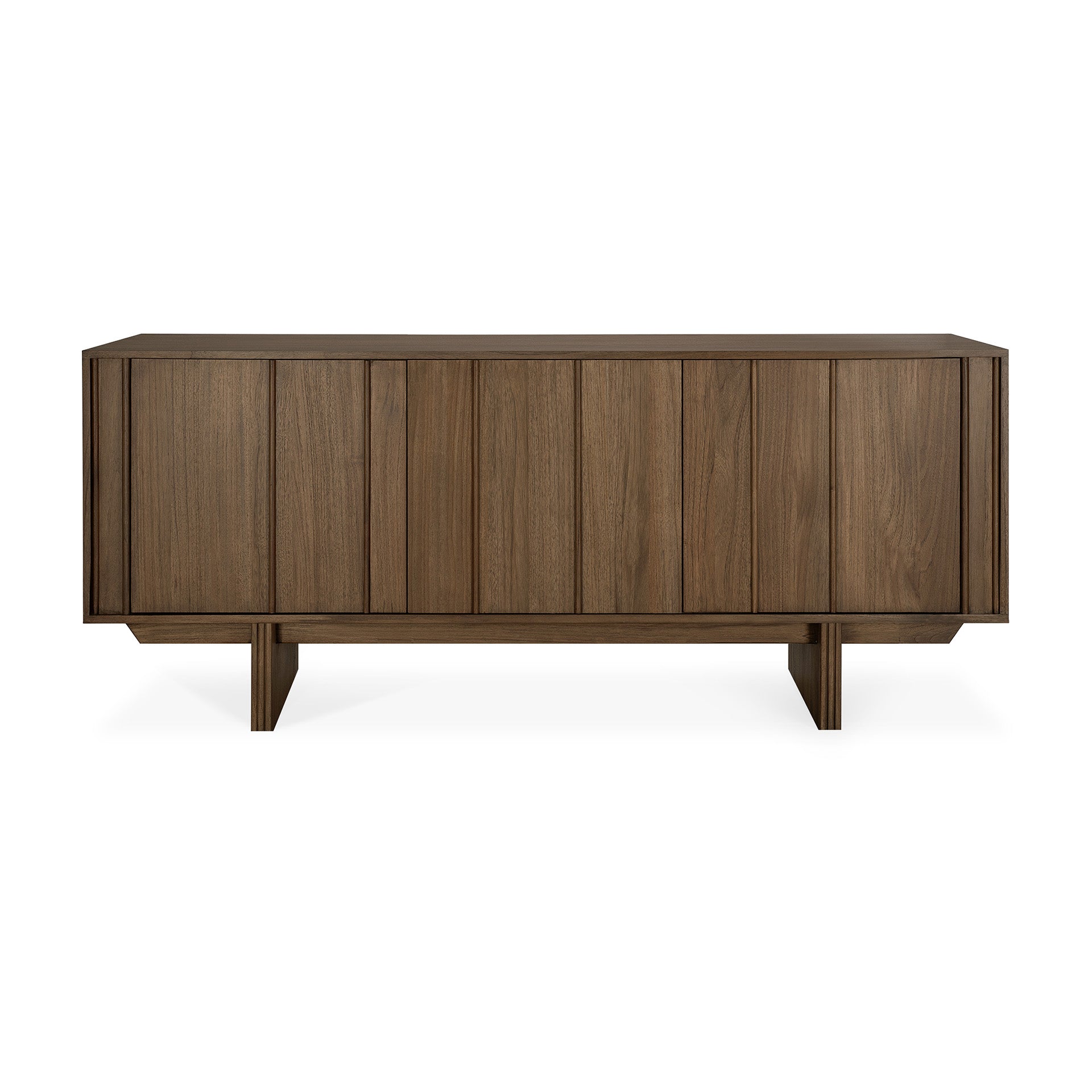The Ethnicraft Pillar Sideboard - Teak Wild Brown features a modern, minimalist look with vertical panel detailing, a dark brown teak finish, and four short legs inspired by mid-century design.