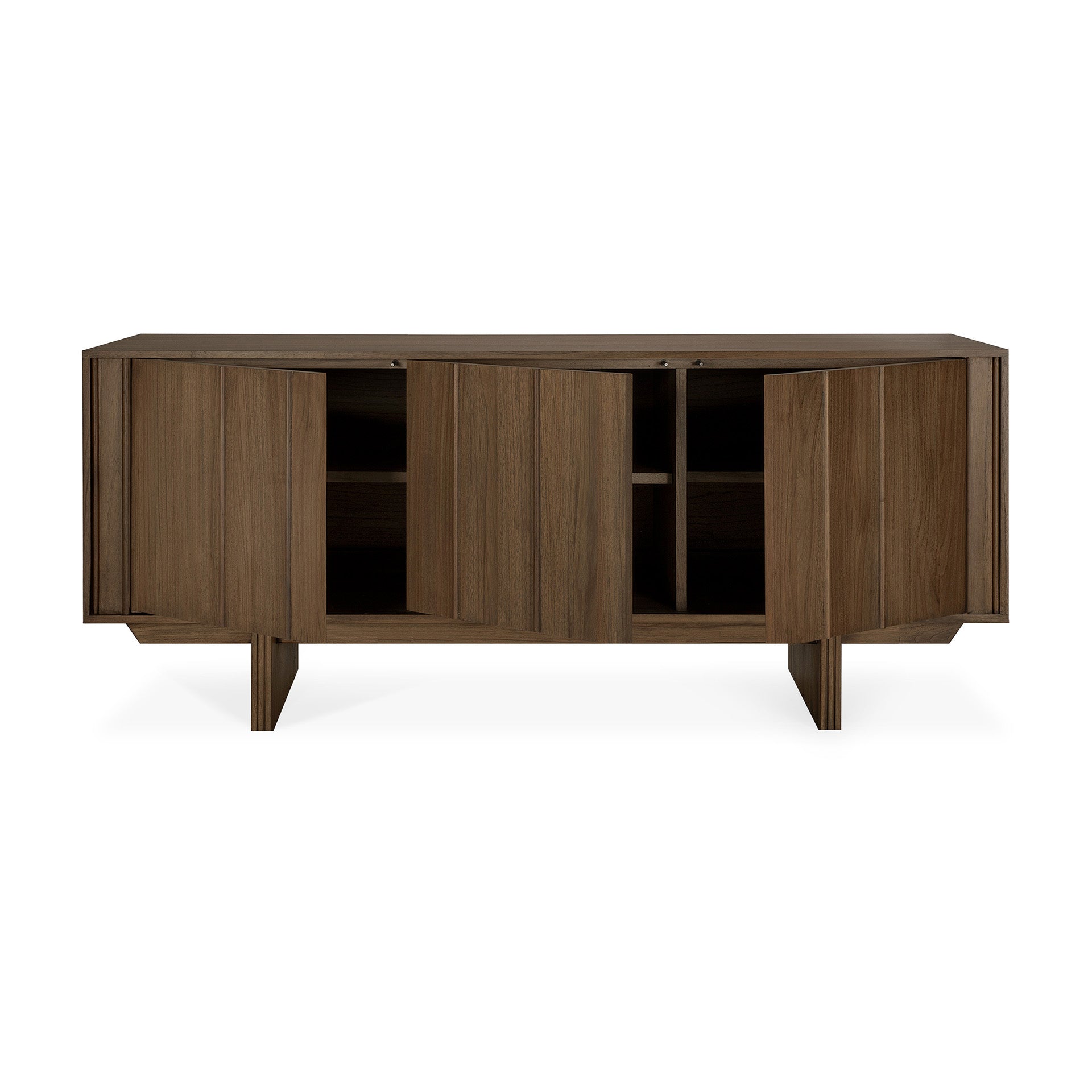 The Ethnicraft Pillar Sideboard - Teak Wild Brown features four open doors revealing spacious shelves. With clean lines, a rich wild brown finish, and angled legs, this solid wood piece offers timeless style and practical storage.