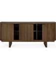 The Ethnicraft Pillar Sideboard - Teak Wild Brown features four open doors revealing spacious shelves. With clean lines, a rich wild brown finish, and angled legs, this solid wood piece offers timeless style and practical storage.