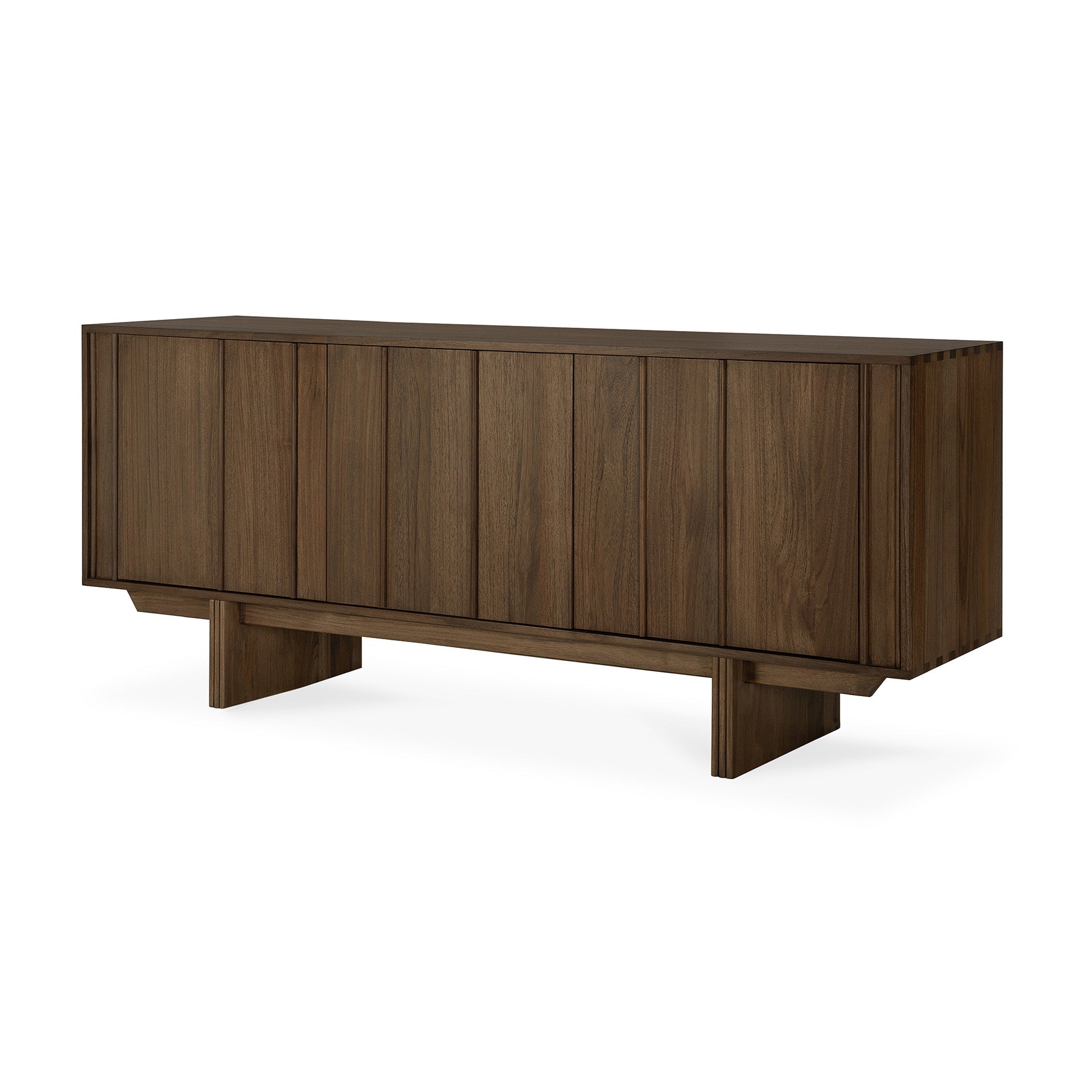 The Ethnicraft Pillar Sideboard - Teak Wild Brown features a modern rectangular design, paneled doors, sturdy short legs, and a minimalist look—perfect for contemporary spaces.
