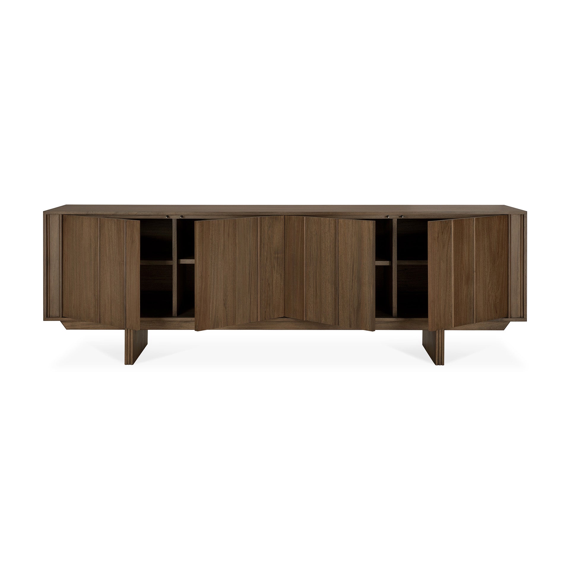 The Ethnicraft Pillar Sideboard - Teak Wild Brown features four angled doors, interior shelves, a solid teak build with a dark brown finish, and short sturdy legs for modern style.