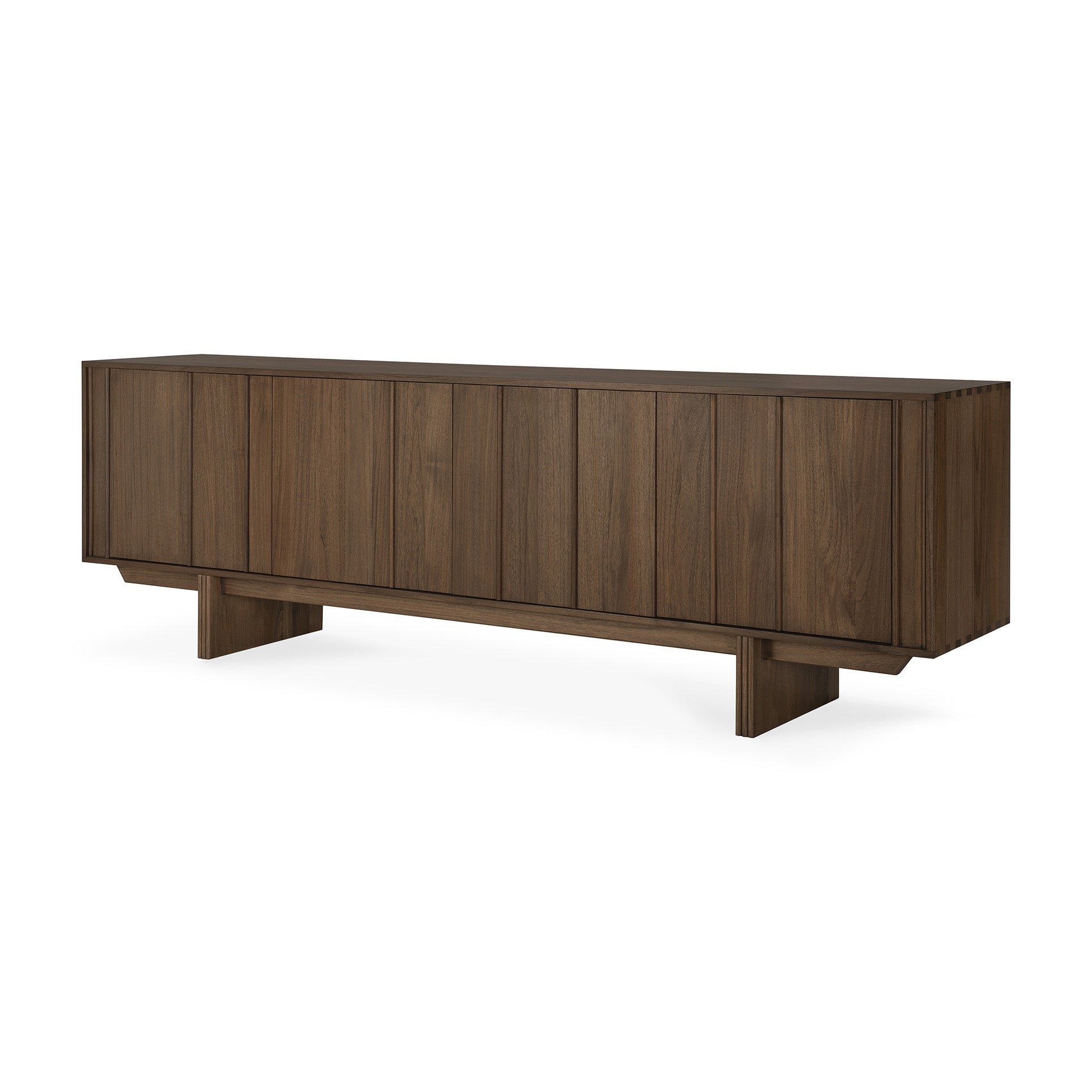 The Ethnicraft Pillar Sideboard - Teak Wild Brown showcases clean lines, paneled doors, and a minimalist base in solid wood with a dark brown finish, presented against a white background.