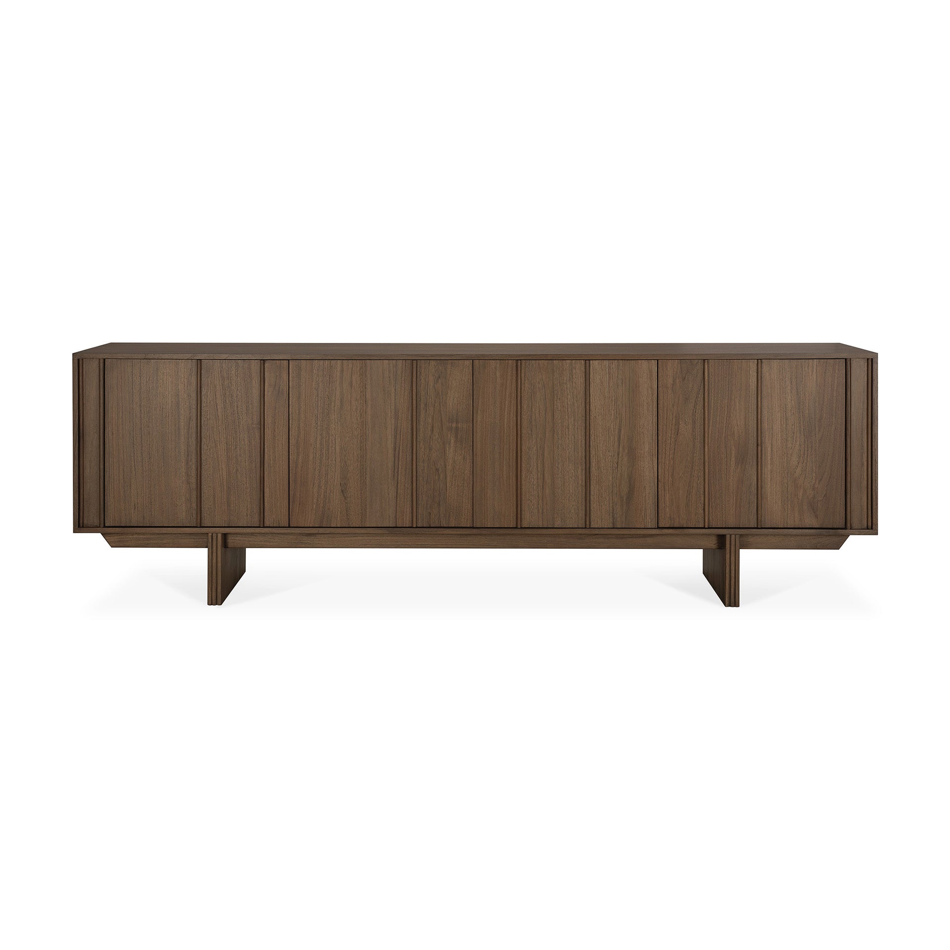 The Ethnicraft Pillar Sideboard - Teak Wild Brown is a modern solid wood piece with a dark finish, clean lines, four panel doors, and sturdy rectangular legs.