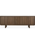 The Ethnicraft Pillar Sideboard - Teak Wild Brown is a modern solid wood piece with a dark finish, clean lines, four panel doors, and sturdy rectangular legs.