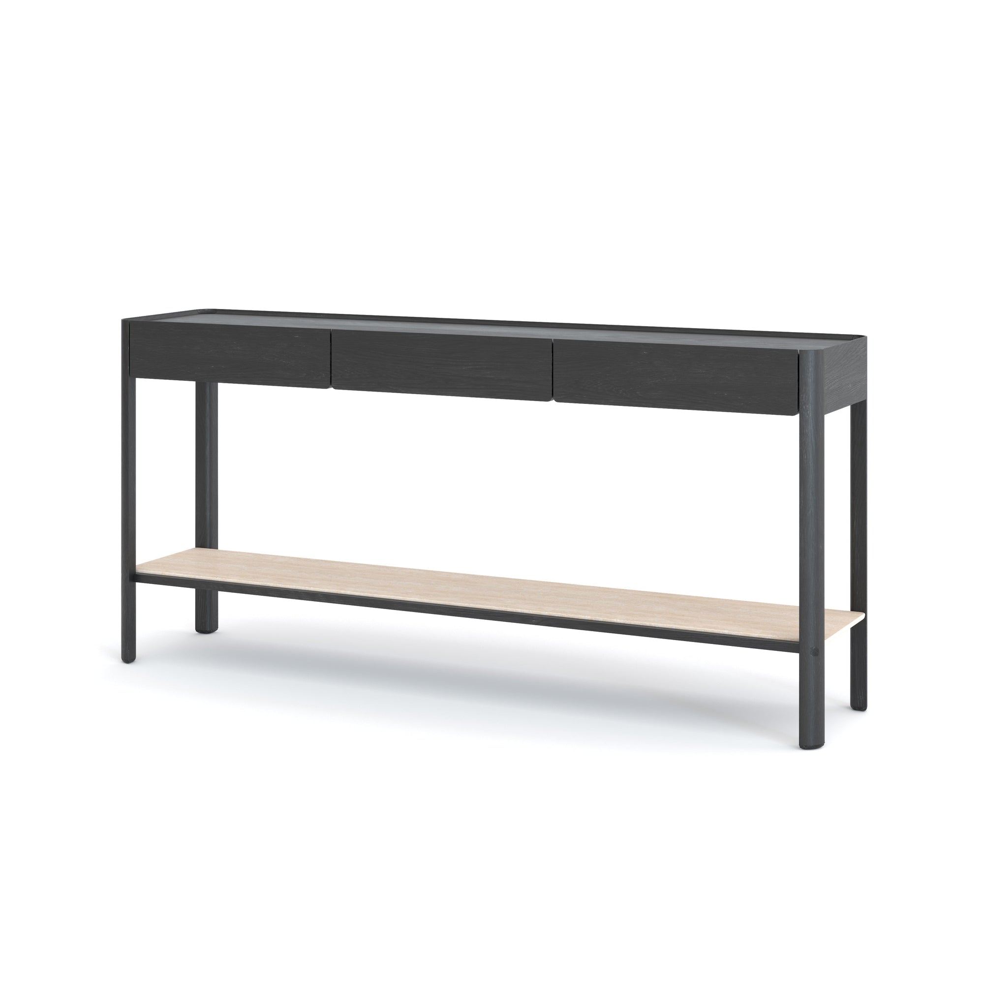 The Wooden Stories Nell Console in Black Oak with Stone features a modern Scandinavian design, three drawers, slim legs, and a light solid oak lower shelf, all set against a plain white background.