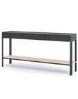 The Wooden Stories Nell Console in Black Oak with Stone features a modern Scandinavian design, three drawers, slim legs, and a light solid oak lower shelf, all set against a plain white background.