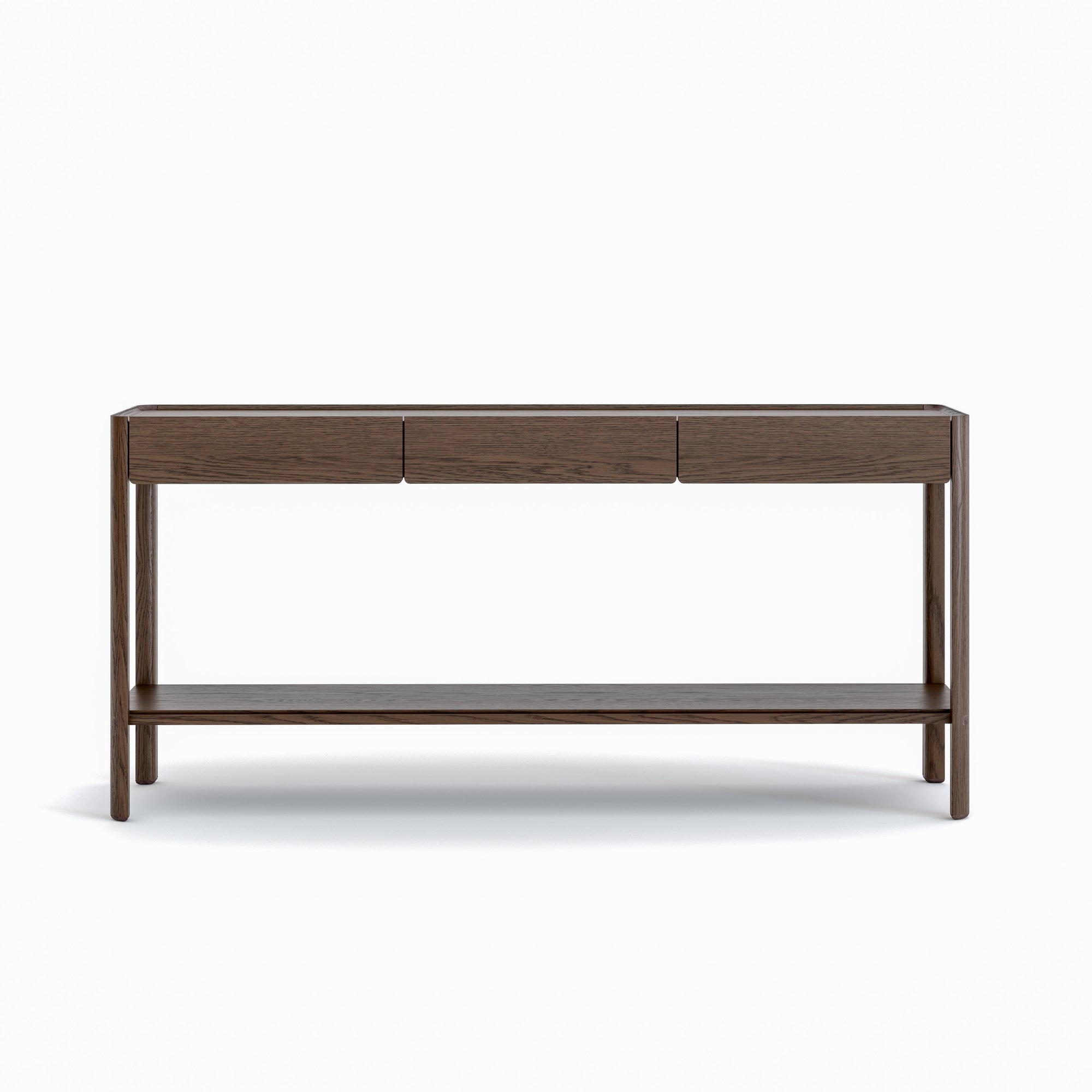 The Wooden Stories Nell Console in Espresso Oak features three drawers and a lower shelf. This simple, modern piece showcases Scandinavian-inspired clean lines and timeless appeal, shown here against a plain white background.