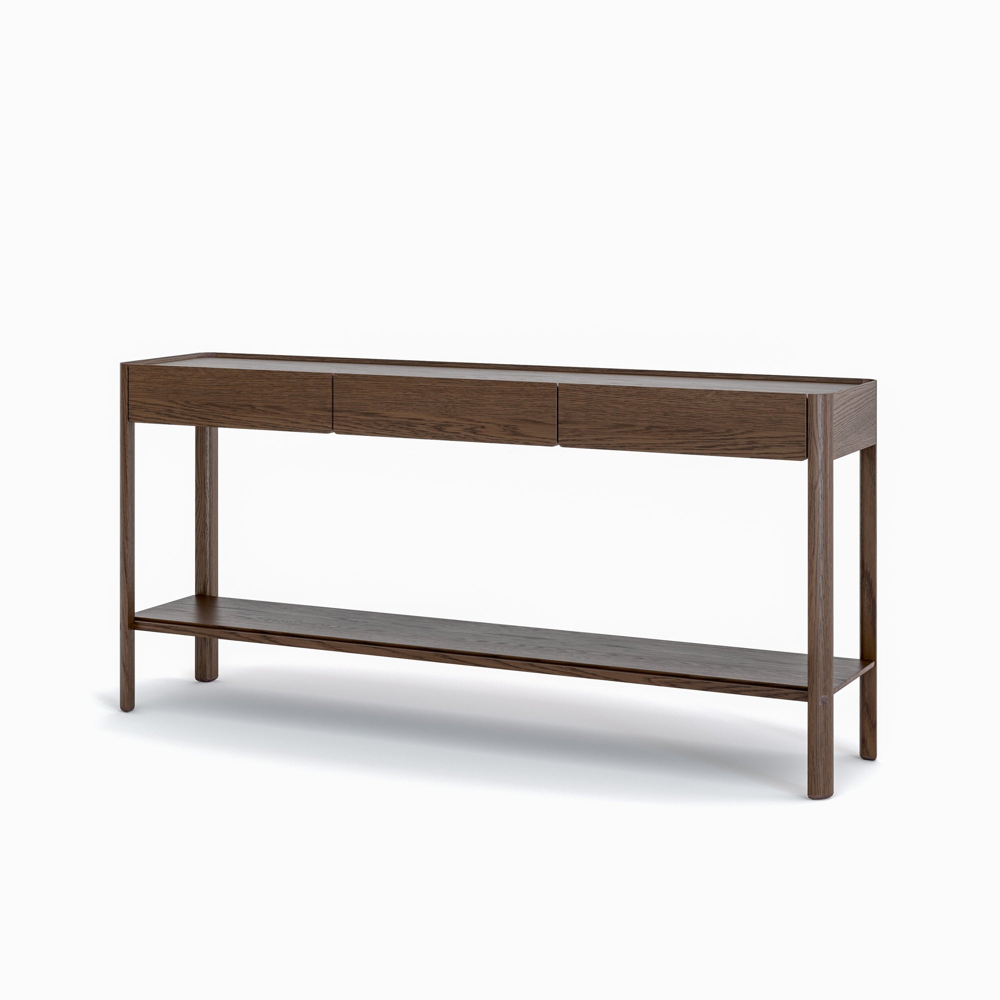 The Nell Console by Wooden Stories features solid espresso oak, three drawers, and an open lower shelf. This modern piece pairs clean, minimalist lines with a dark brown finish from the Danish collection, shown against a white background.