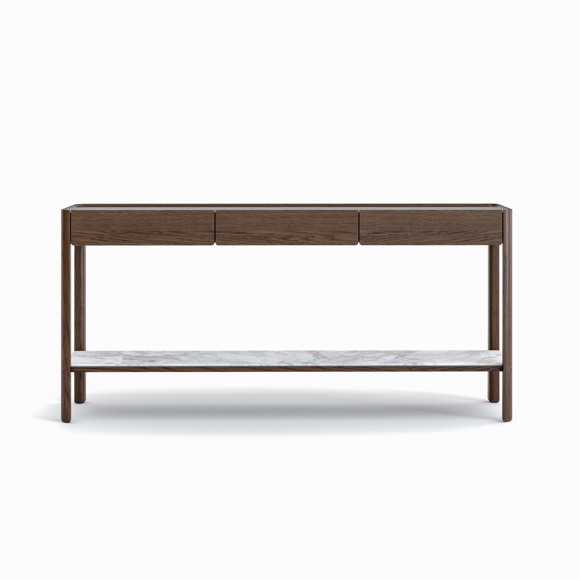 The Wooden Stories Nell Console in Espresso Oak with Stone features Scandinavian design, soft-close drawers, and a white marble lower shelf, showcased on a plain white background.