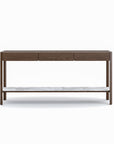 The Wooden Stories Nell Console in Espresso Oak with Stone features Scandinavian design, soft-close drawers, and a white marble lower shelf, showcased on a plain white background.