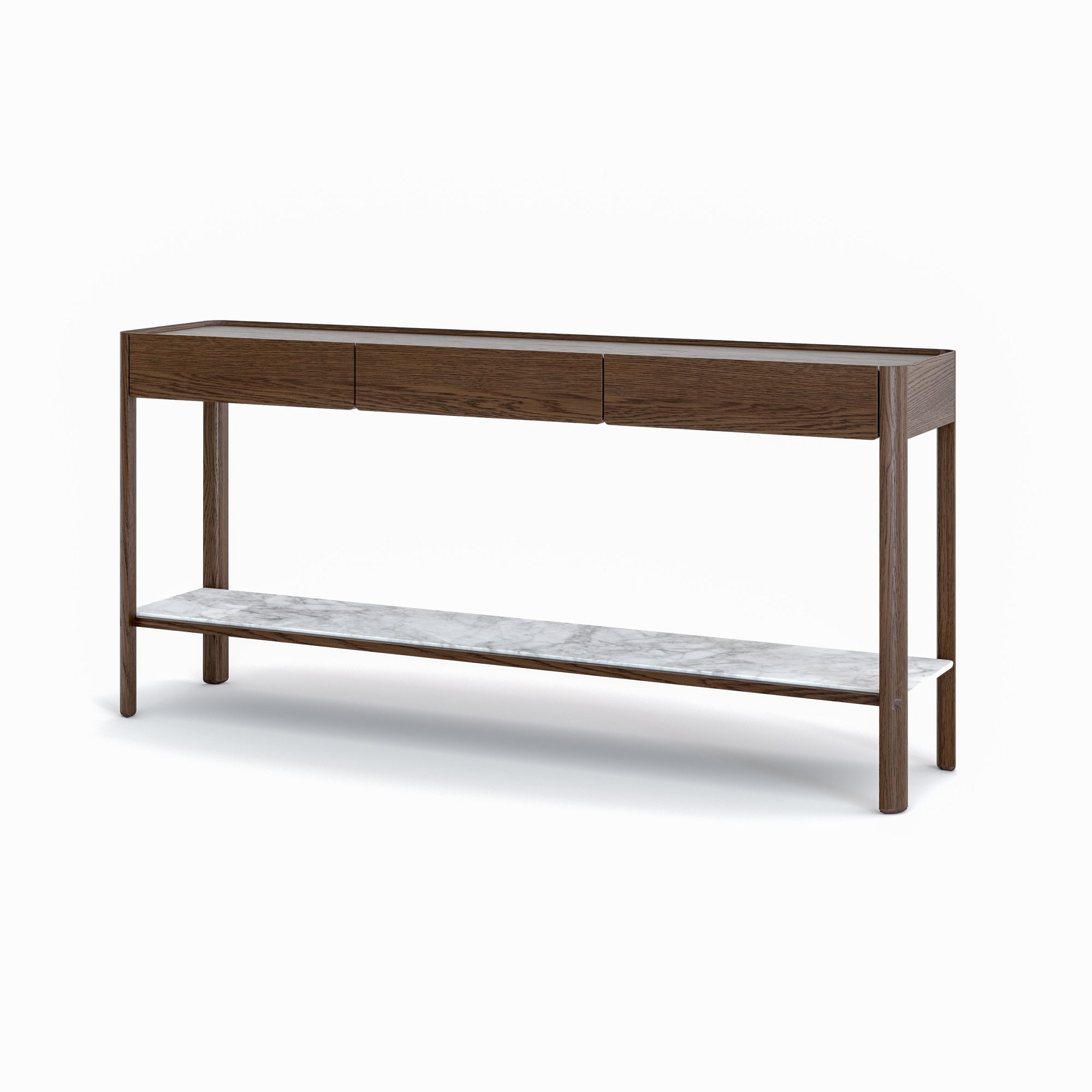 The Nell Console by Wooden Stories features an espresso oak frame, soft-close drawers, and a white stone lower shelf, all inspired by Scandinavian design and shown against a plain white background.