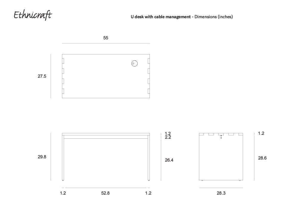 Technical drawing of the Ethnicraft U Desk - Black Oak, solid oak build with cable management. Includes top, front, and side views; dimensions: 55W x 27.5D x 29.8H, with detailed cable slot placement shown.
