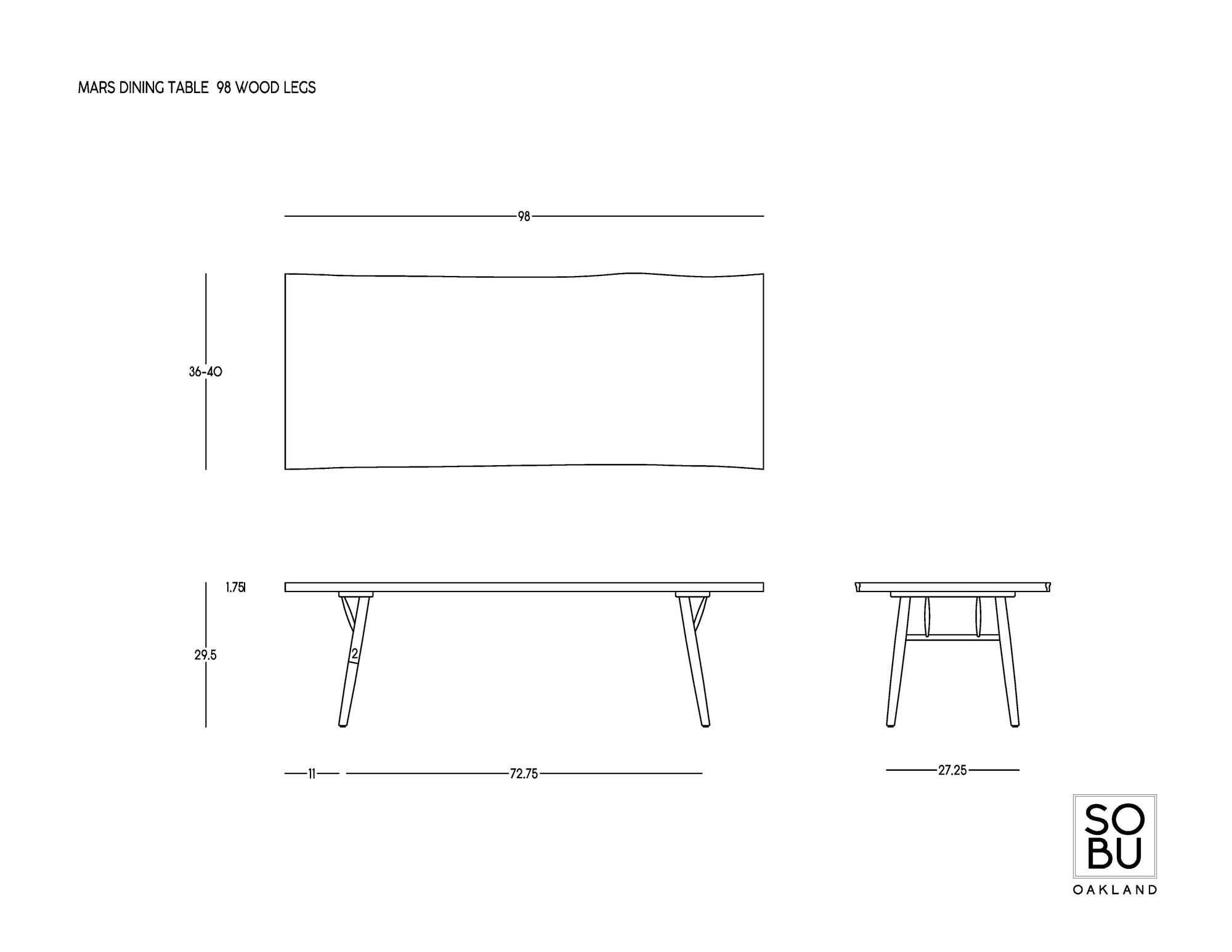 Black and white line drawing of the Mars Live Edge Dining Table - Walnut with Wood Legs by SOBU, showing top, side, and end views with measurements. The rectangular walnut table has a wavy edge. SOBU branding appears in the bottom right corner.
