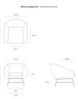 Line drawing of an Ethnicraft Barrow Lounge Chair - Paon showing top, front, and side views with corresponding dimensions in inches.