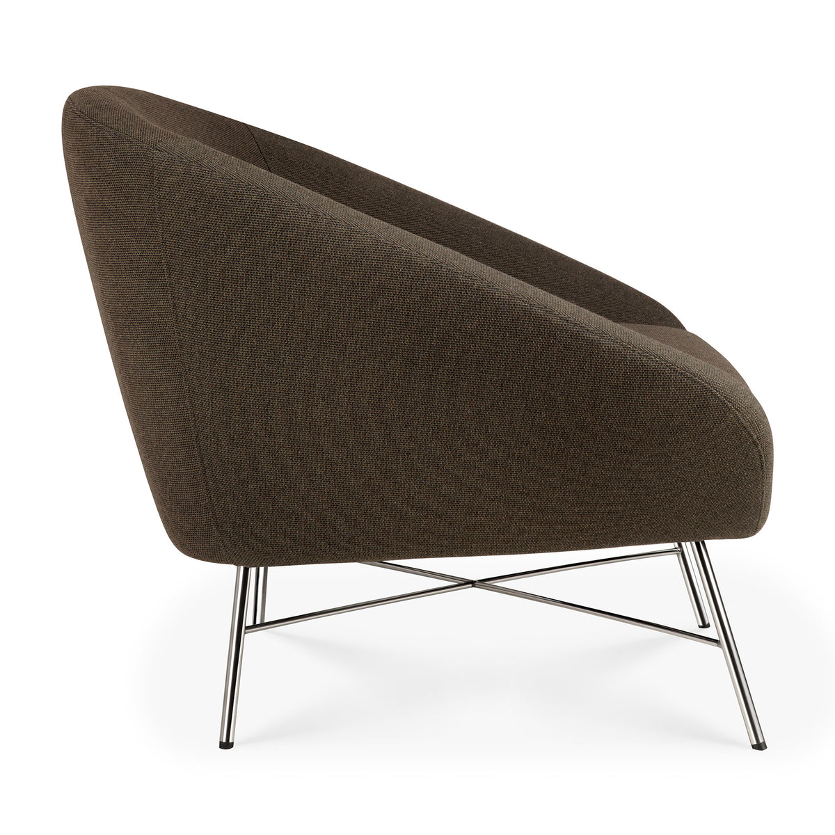 Side profile of a dark brown Barrow Lounge Chair - Paon by Ethnicraft, featuring a curved backrest and a slender metal crossed-leg base.