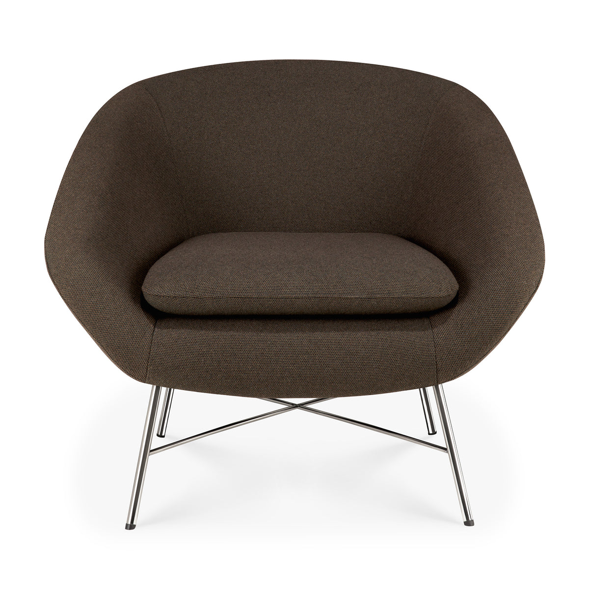 Dark brown rounded Ethnicraft Barrow Lounge Chair - Paon with a thick seat cushion on a slim, crossed metal base.