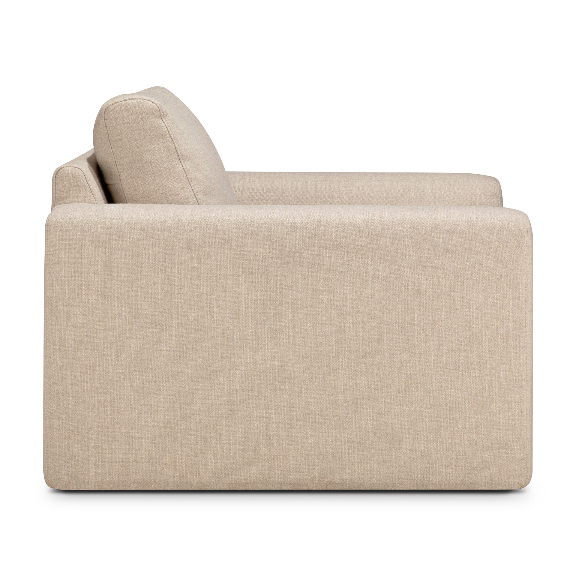 Side view of the Ease Lounge Chair by Ethnicraft, featuring modern beige upholstery, boxy clean lines, and plush high-density foam back and seat cushions, set against a white background.