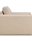 Side view of the Ease Lounge Chair by Ethnicraft, featuring modern beige upholstery, boxy clean lines, and plush high-density foam back and seat cushions, set against a white background.