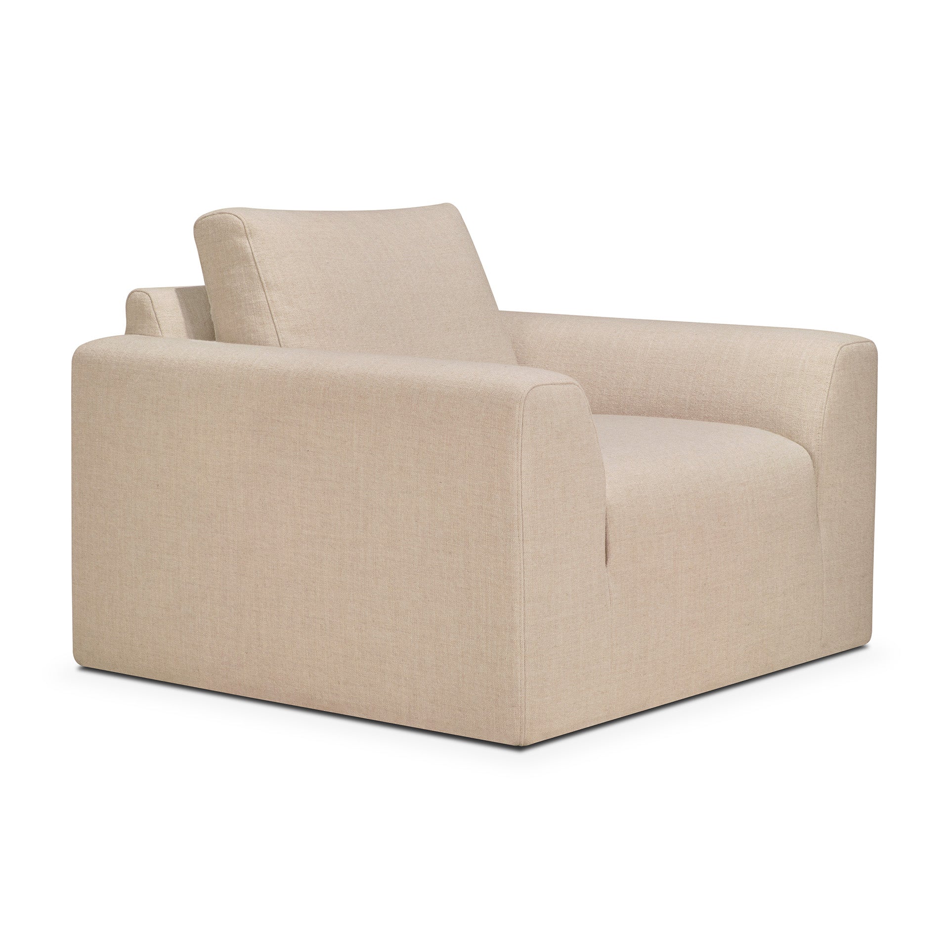 The Ethnicraft Ease Lounge Chair is a modern, boxy beige armchair with clean lines, a low backrest, and high-density foam for extra comfort, upholstered in plain fabric and shown against a white background.