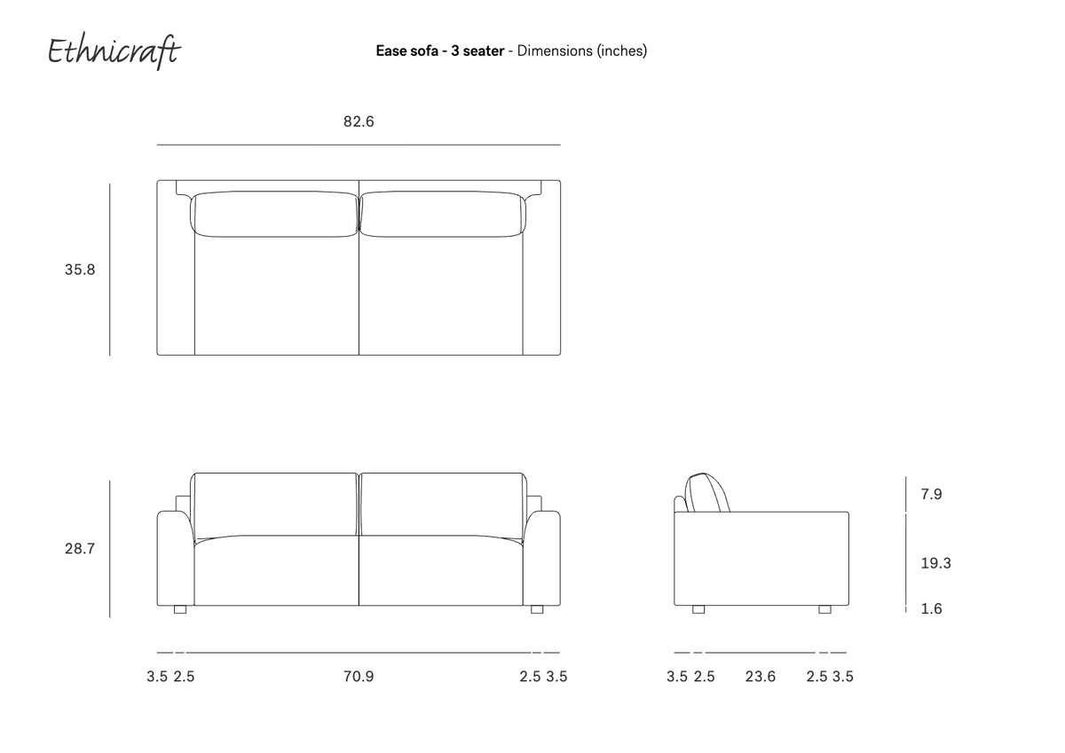 Line drawing of an Ethnicraft Ease Sofa three-seater showing top, front, and side views with dimension measurements in inches.