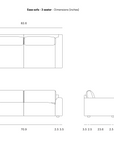 Line drawing of an Ethnicraft Ease Sofa three-seater showing top, front, and side views with dimension measurements in inches.