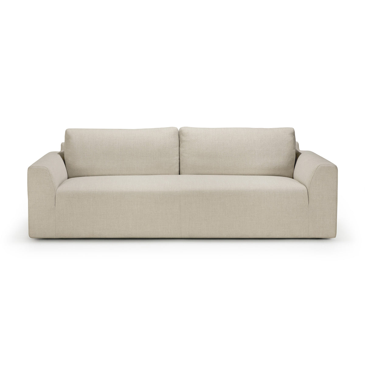 A light beige three-seater Ethnicraft Ease sofa with a low-profile frame and two back cushions in Leche upholstery.
