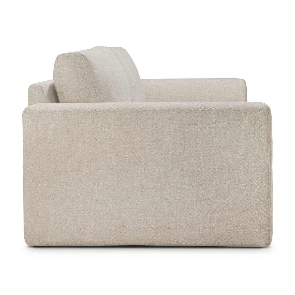 Side view of an Ethnicraft Ease sofa in light beige upholstery with square arms.