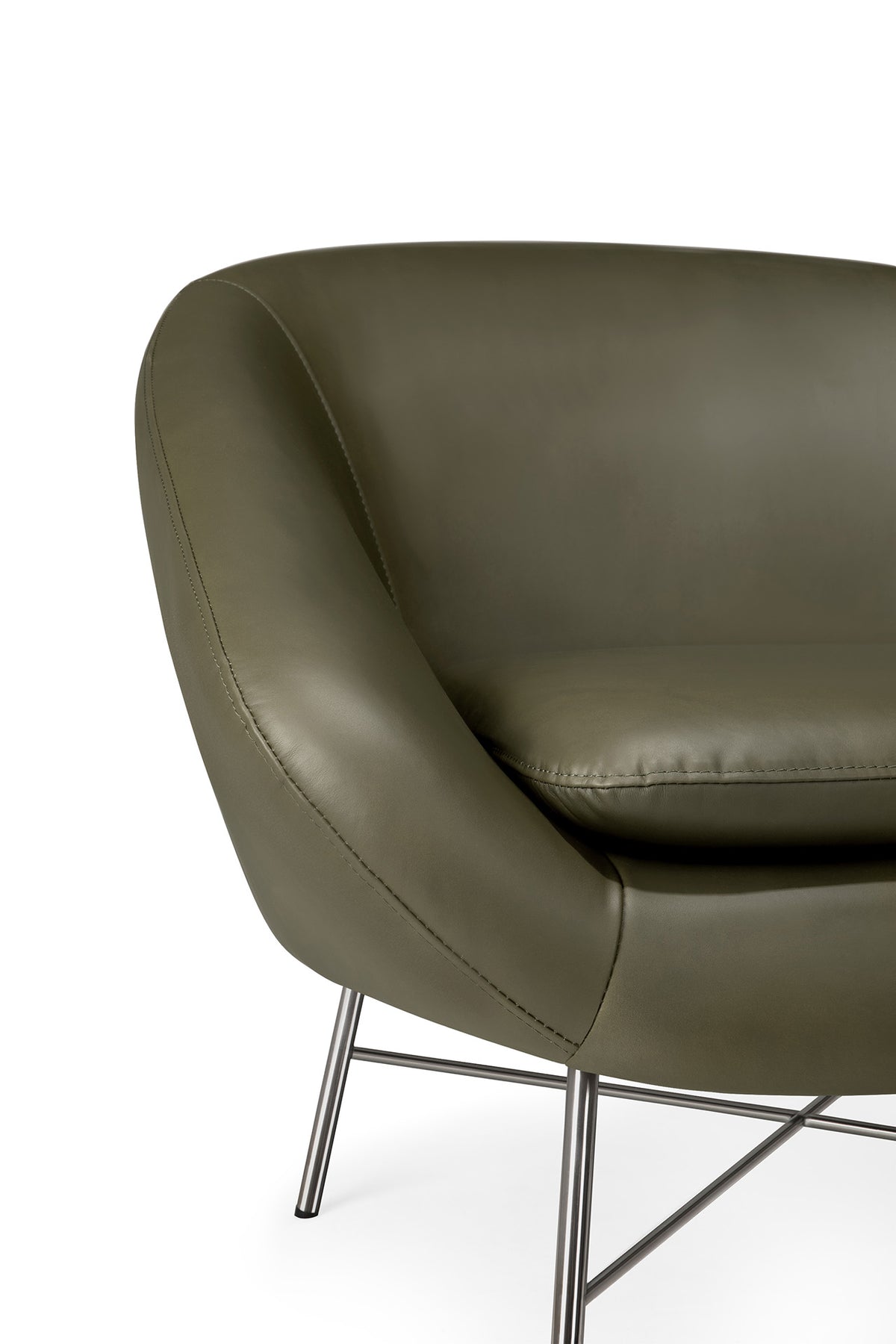 Ethnicraft Barrow Lounge Chair - Green Leather in olive green with a rounded back and thin metal legs.