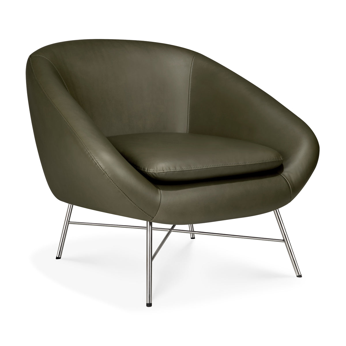 Ethnicraft Barrow Lounge Chair - Green Leather with a curved back and thin metal legs.