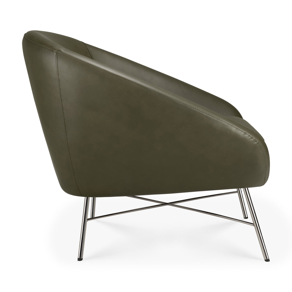 The Ethnicraft Barrow Lounge Chair - Green Leather features olive green leather upholstery, a low, curved back, and slim, crisscrossed metal legs.