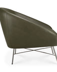 The Ethnicraft Barrow Lounge Chair - Green Leather features olive green leather upholstery, a low, curved back, and slim, crisscrossed metal legs.