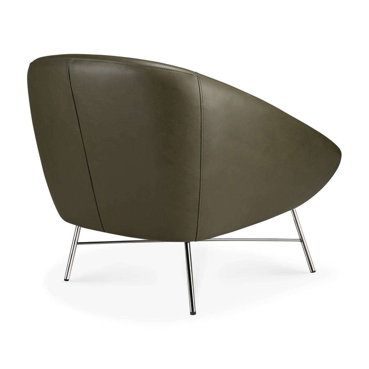 Rear view of an Ethnicraft Barrow Lounge Chair - Green Leather, featuring an olive green leather rounded back and thin metal legs.