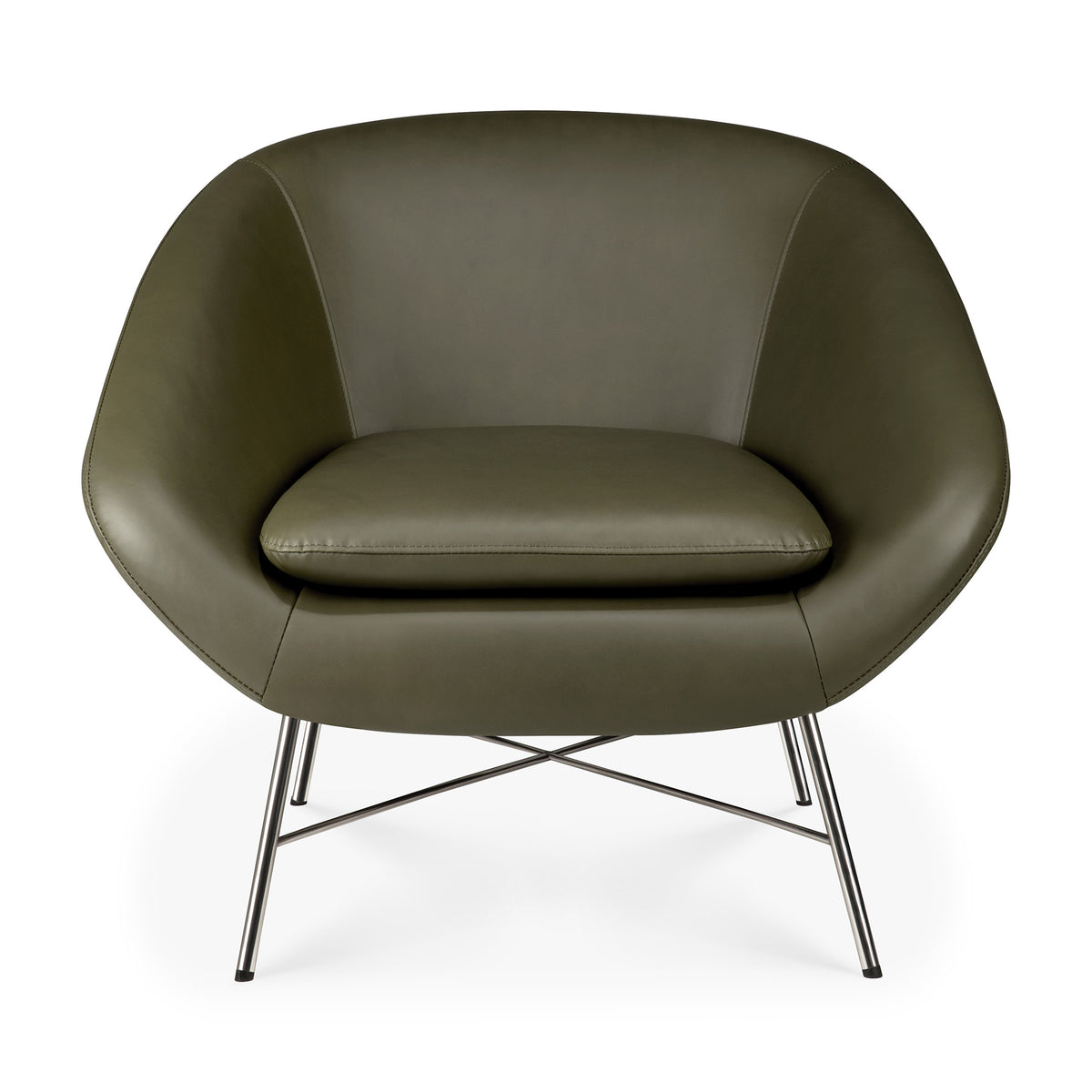 Ethnicraft Barrow Lounge Chair - Green Leather featuring curved arms and a metal cross-frame base.