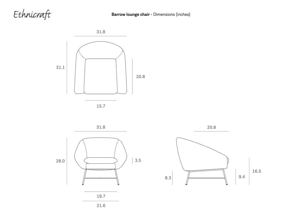 Line drawing of the Barrow Lounge Chair - Green Leather showing top, front, and side views with corresponding dimensions in inches.