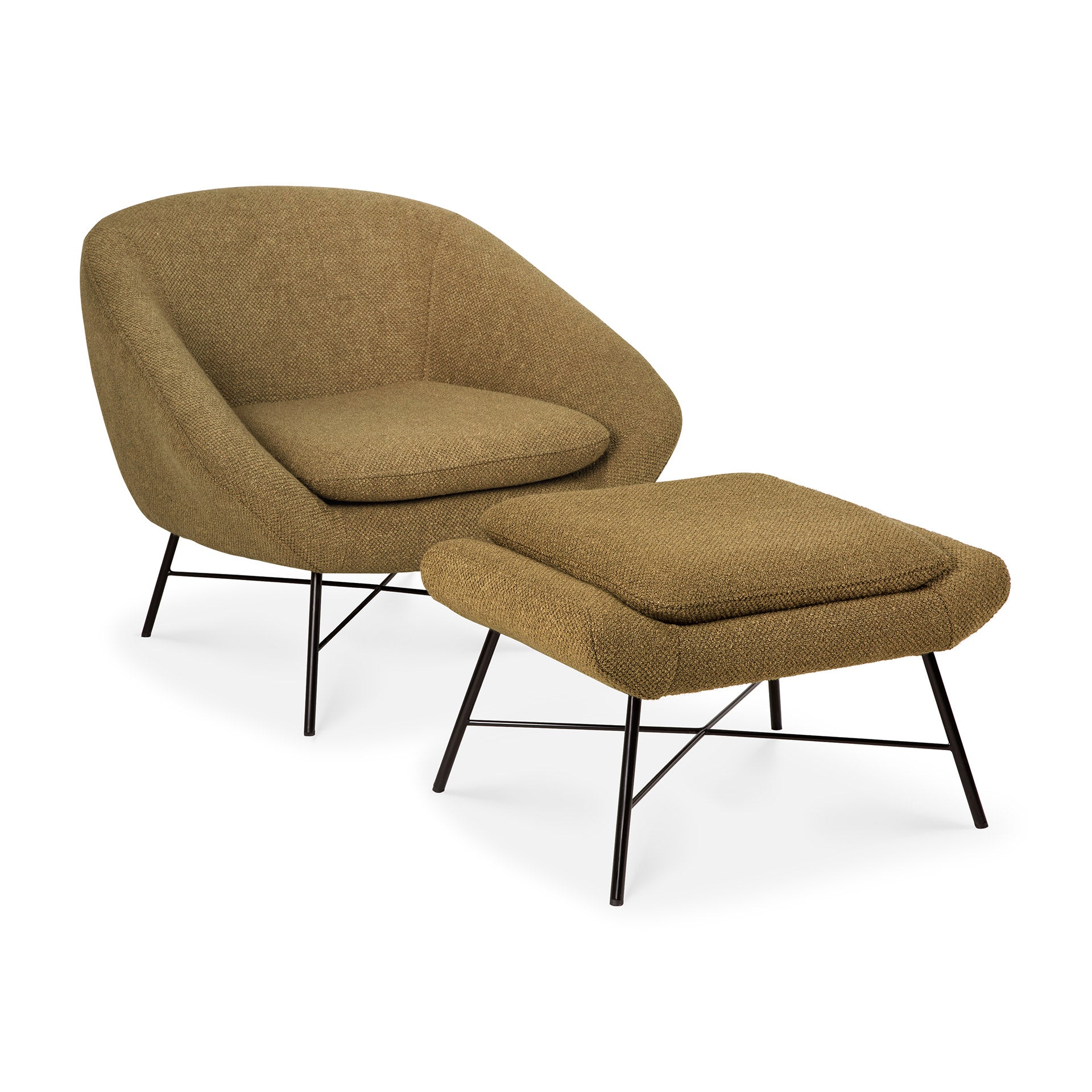 A modern armchair paired with the Ethnicraft Barrow Footstool - Ginger, both in textured brown fabric and slim black metal legs—perfect for vintage furniture lovers.