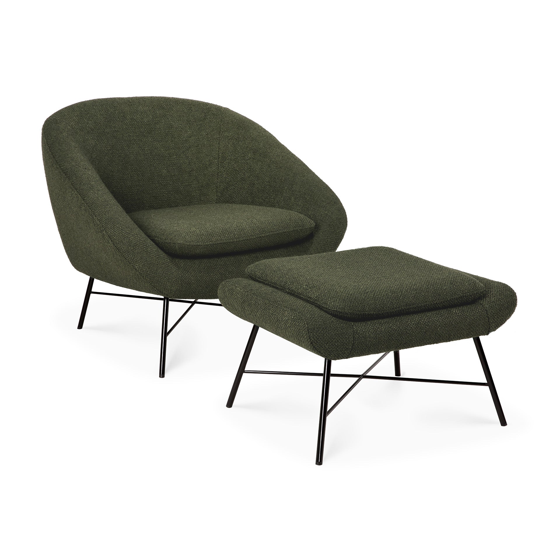 A modern pine green upholstered armchair with the Barrow Footstool - Pine Green by Ethnicraft, both featuring black metal legs and a minimalist, curved vintage-inspired design.