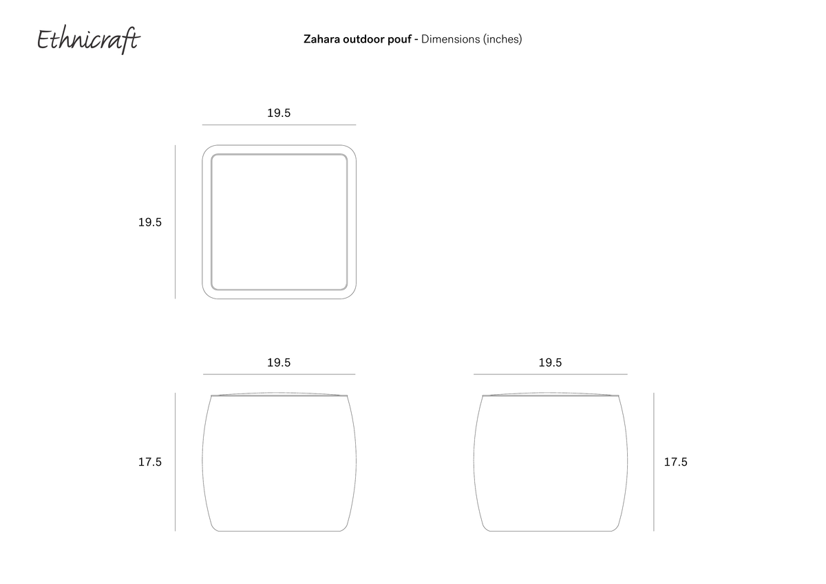Technical drawing of an Ethnicraft Zahara Outdoor Pouf, showing top and side views with dimensions in inches.