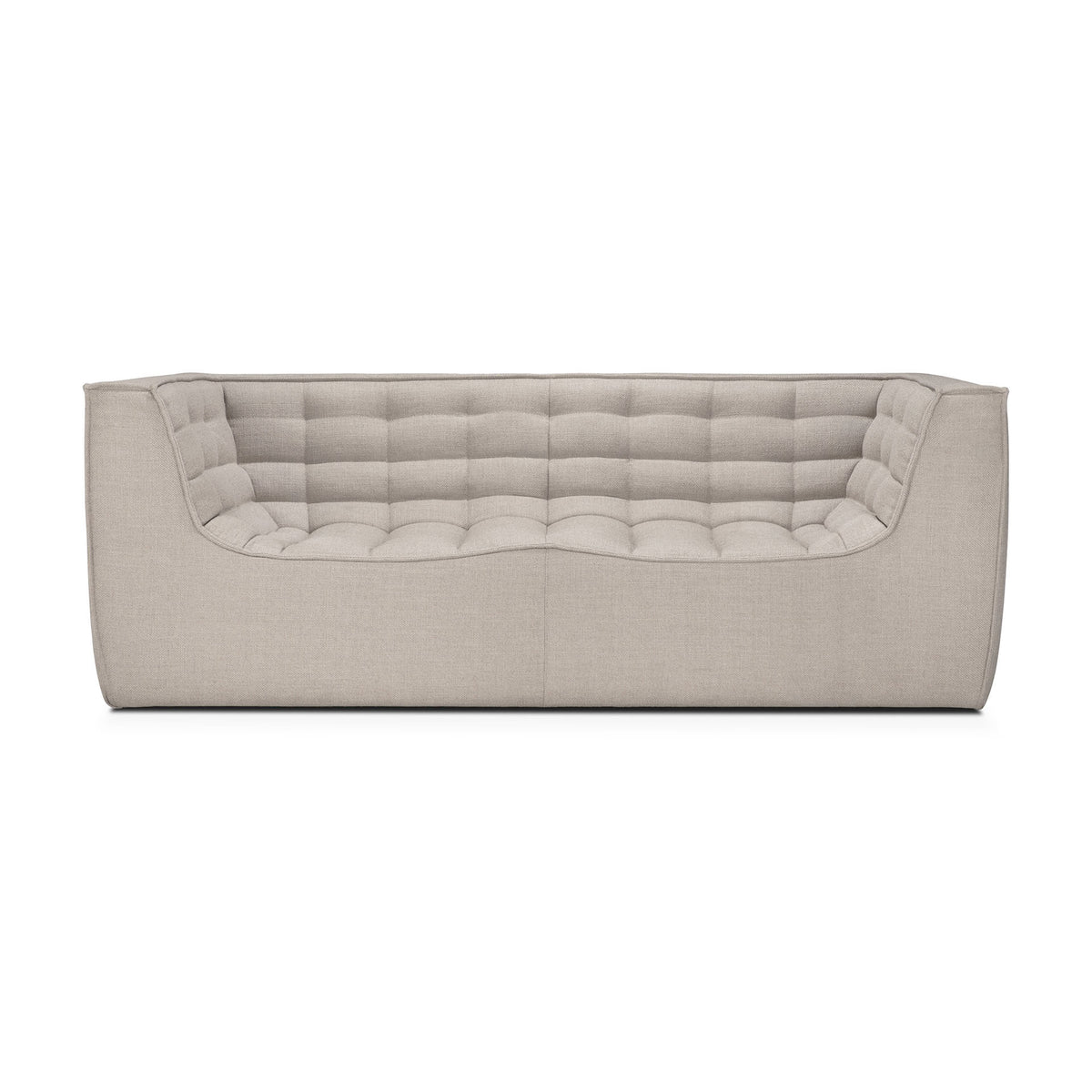 The Ethnicraft N701 2-Seater Sofa in beige showcases a modern, boxy silhouette with a deep seat and tufted cushion design, reflecting exceptional European craftsmanship. Photographed from the front against a white background, its modular construction offers both stylish appeal and versatile functionality.