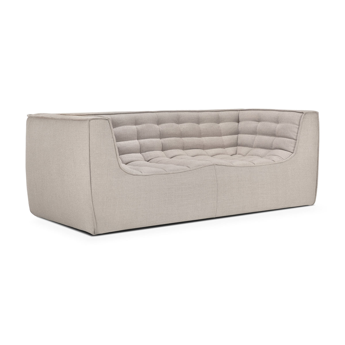 Introducing the N701 2-Seater Sofa by Ethnicraft in beige: this modern modular sofa features a boxy silhouette with arms and backrest at equal height, complemented by tufted seat and back cushions. Showcasing exceptional European craftsmanship, its sleek contemporary design offers both refined style and comfort.