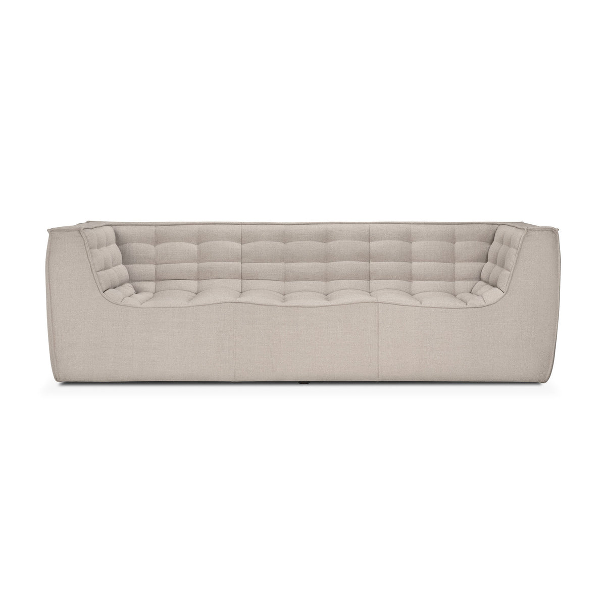 The Ethnicraft N701 3-Seater Sofa in beige is a modern modular piece with a low back and square arms, showcasing a quilted pattern on the seat and backrest. Inspired by refined European design, it is set against a white background.