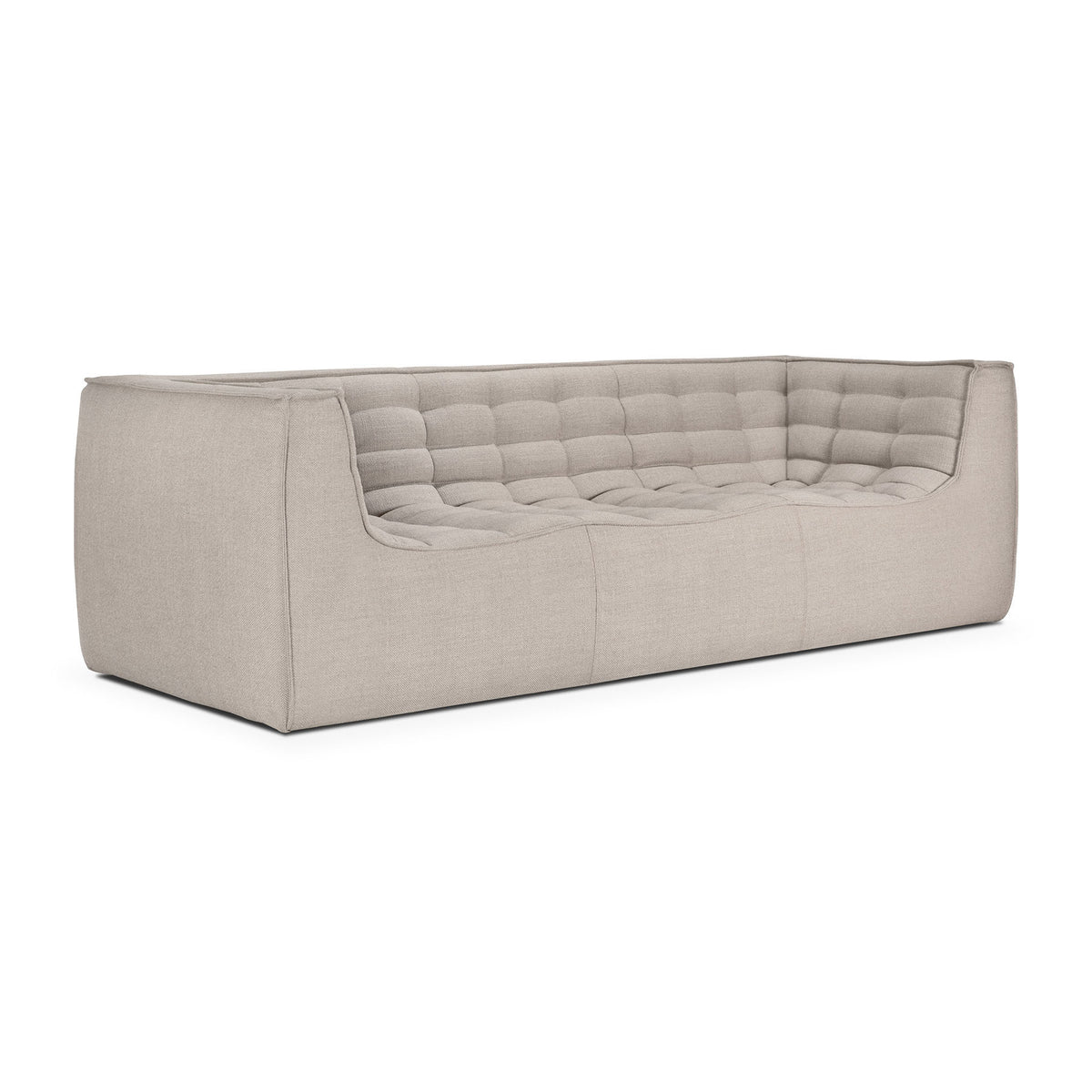 A contemporary, rectangular Ethnicraft N701 3-Seater Sofa in beige, featuring tufted seat and back cushions, softly rounded corners, and a minimalist European design, shown against a white background.