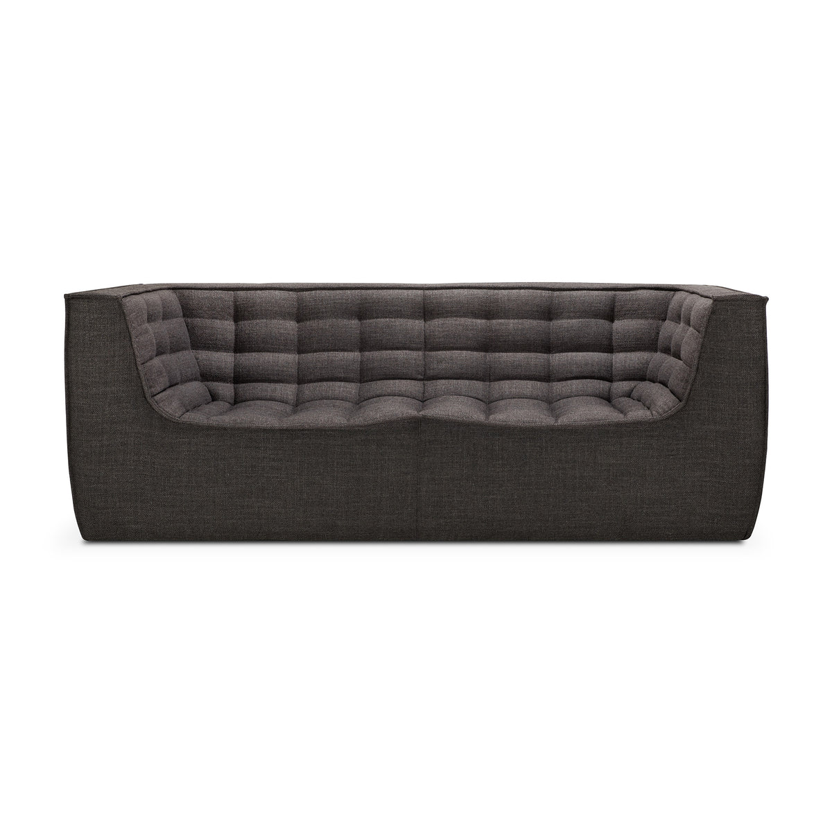 The Ethnicraft N701 2-Seater Sofa in dark grey features deep tufted cushions and a boxy, low-profile European design, shown from the front against a plain white background.