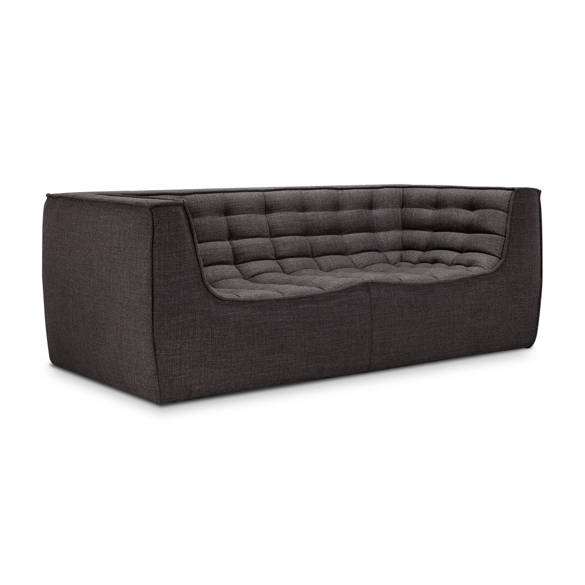 The N701 2-Seater Sofa by Ethnicraft in Dark Grey features a boxy silhouette with a tufted backrest and seat cushion, clean lines, and a minimalist design inspired by European aesthetics.