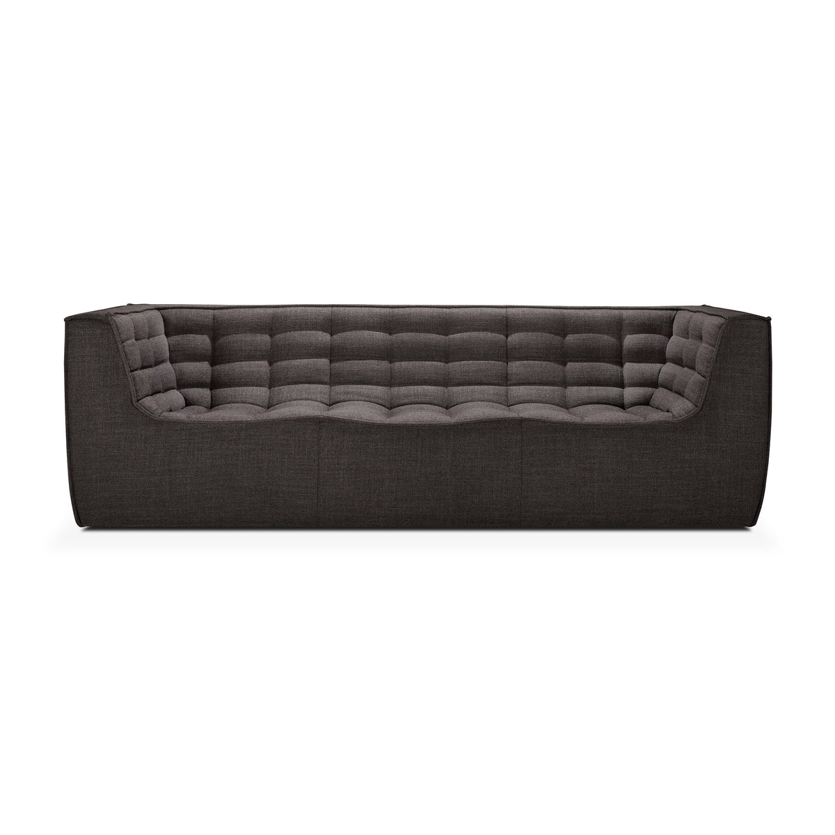 The Ethnicraft N701 3-Seater Sofa in dark grey features deep tufted cushions and angled armrests in a modern European-inspired design, shown from the front against a white background.