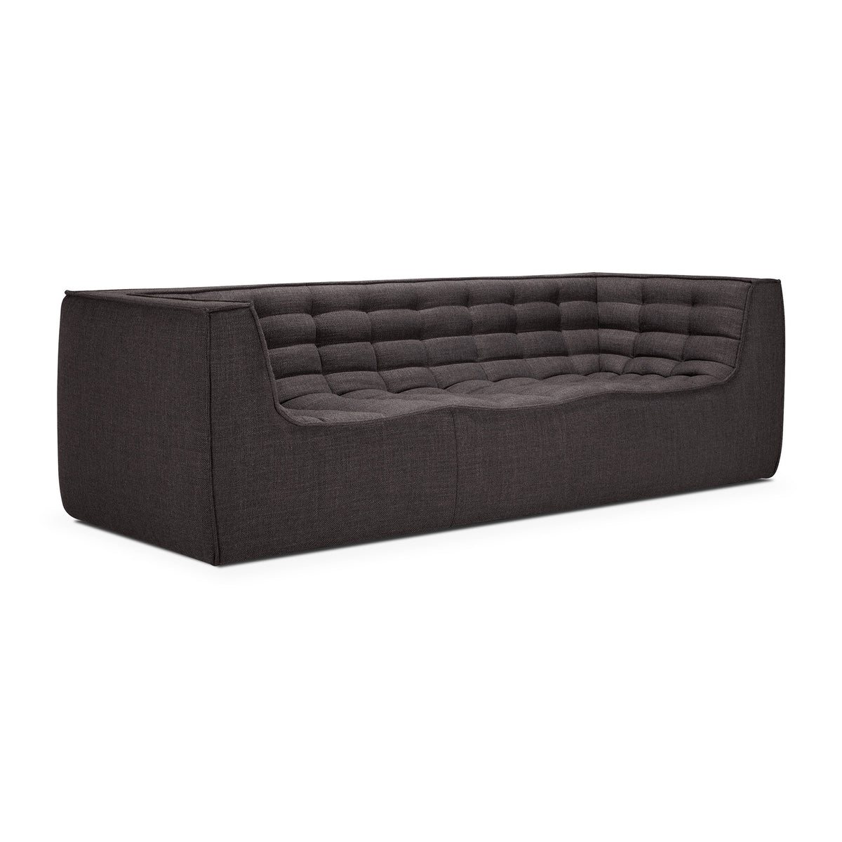 The N701 3 Seater Sofa in Dark Grey by Ethnicraft showcases a modern, minimalist design inspired by European aesthetics. Featuring clean lines and a boxy shape, this modular sofa offers tufted cushioning, a low back, and a deep seat upholstered in contemporary dark gray fabric.