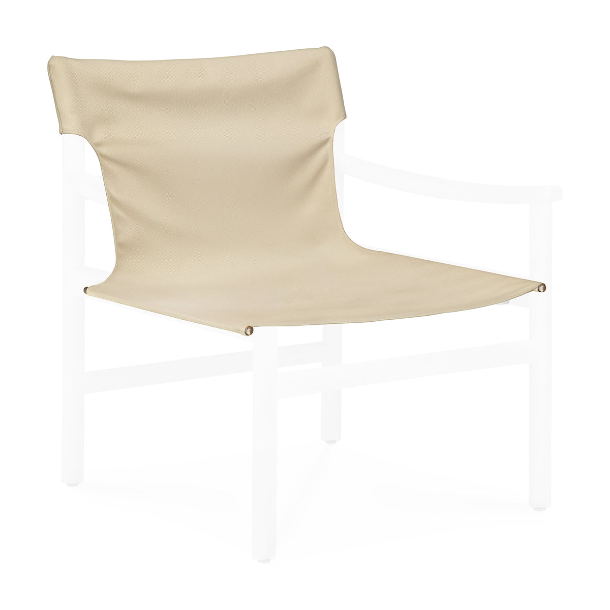 Beige fabric seat cover, designed for the visible front of a white, partially transparent chair frame, shown from the front right angle against a white background. The Safari Outdoor Lounge Chair - Seat Cover Only by Ethnicraft draws inspiration from timeless design and contemporary elegance.