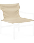Beige fabric seat cover, designed for the visible front of a white, partially transparent chair frame, shown from the front right angle against a white background. The Safari Outdoor Lounge Chair - Seat Cover Only by Ethnicraft draws inspiration from timeless design and contemporary elegance.