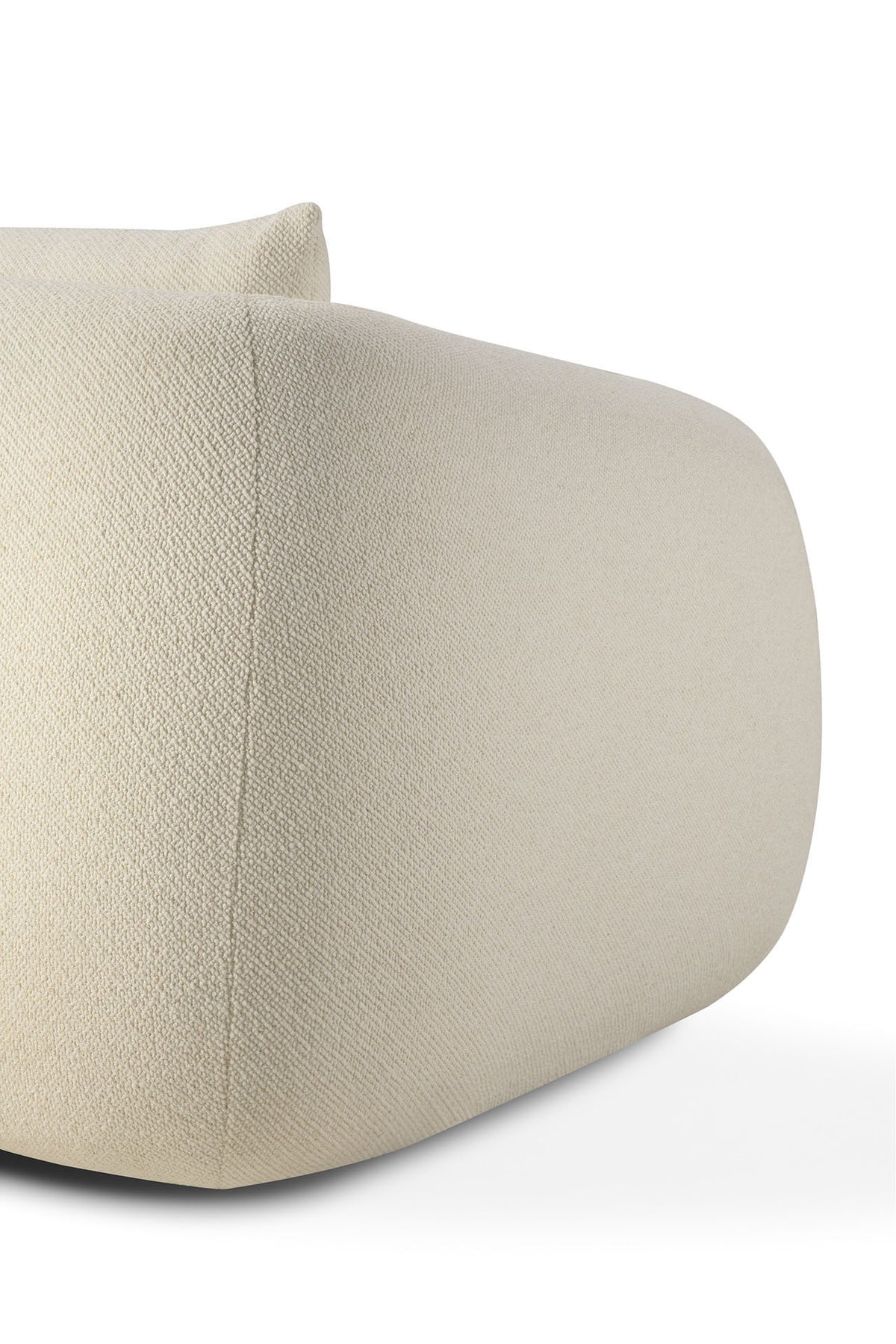 Close-up of the Figur Sofa | 2 seater by Ethnicraft—a modern beige upholstered piece with a rounded, minimalist design and textured fabric, shown against a white background—perfect for contemporary living.